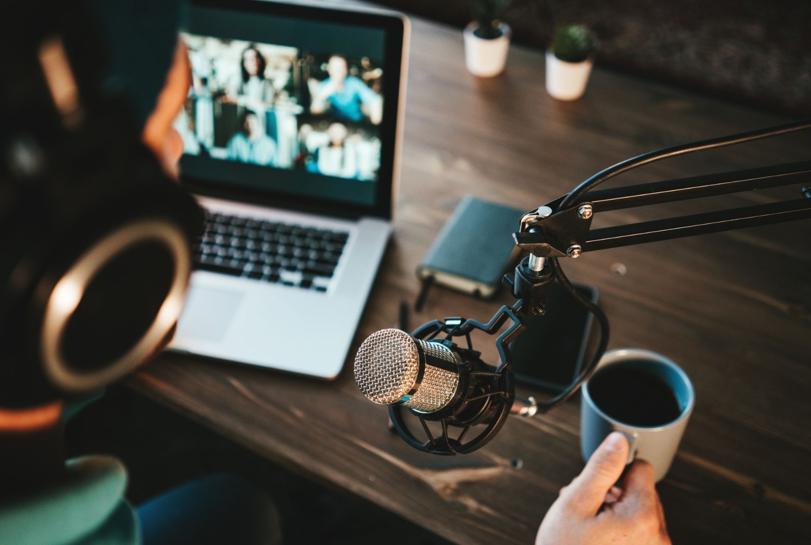 Content creator recording podcast