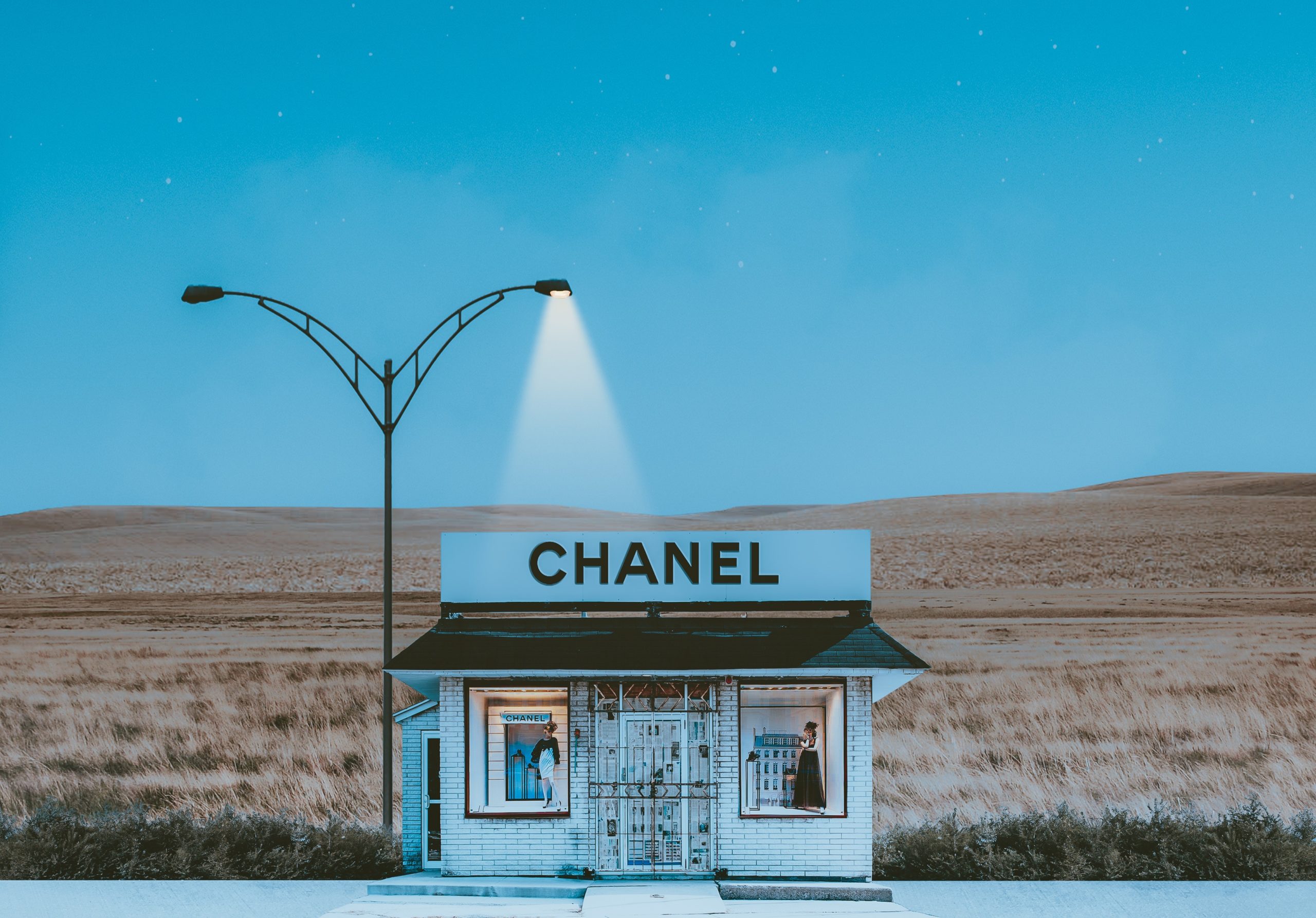 Chanel store facade under a streetlight