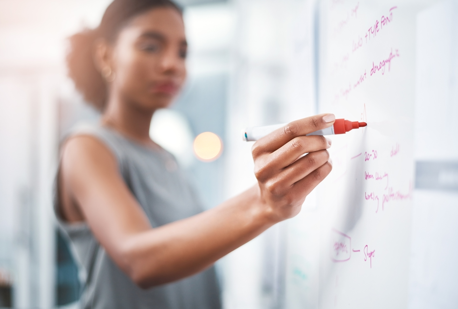 Young woman brainstorming on a whiteboard