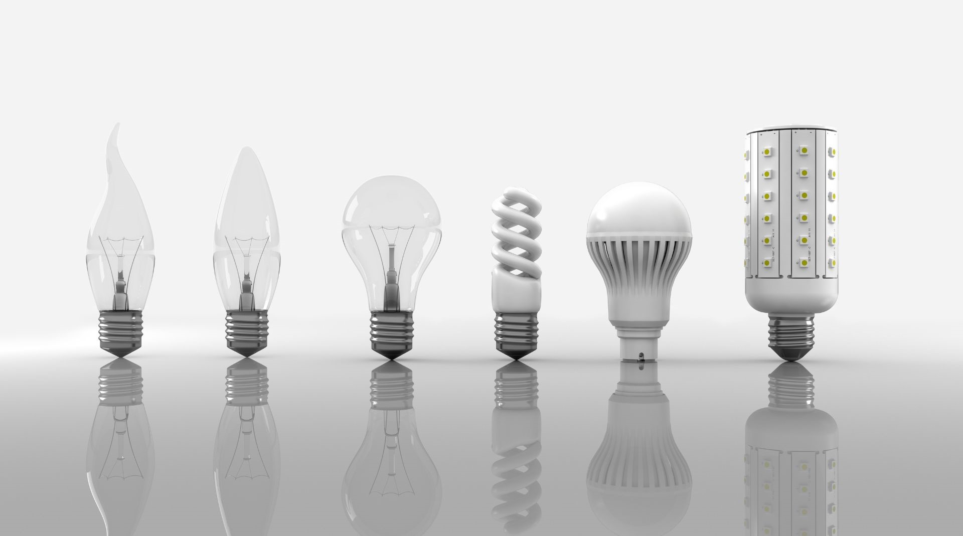 Evolution of light bulbs with six bulbs on a white surface